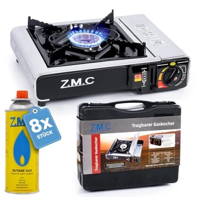 Abbildung von Z.M.C Edelstahl Gaskocher 1 flammig + Aufbewahrungskoffer 8x Gaskartuschen 227g, Campingkocher für Outdoor und Innenraum, Campinggaskocher 2,2 kW, Balkon Tischgrill mit Piezozündung