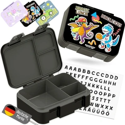 Abbildung von BEARFOOT Lunchbox Brotdose mit Fächern, auslaufsicher Dinos schwarz 650ml, PP, ABS, Silikon, Kindergarten und Schule Mädchen Jungen, Vesperbox, Snackbox