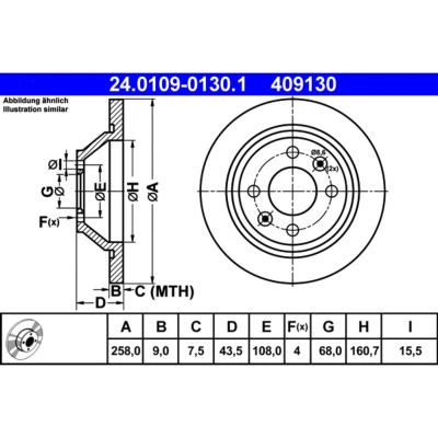 Abbildung von ATE 24.0109 0130.1 Bremsscheibe 258,0 9,0 4 108,0 voll SAAB: 9000 Schrägheck, 900 I Combi Coupe, Cabrio