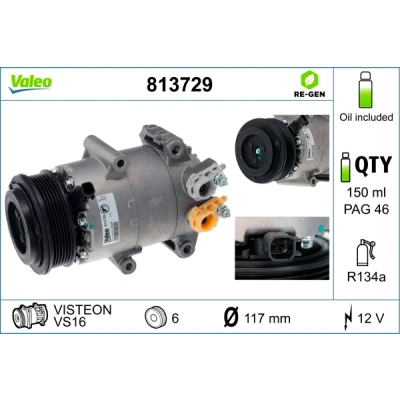 Abbildung von VALEO 813729 Kompressor VS16 12 PAG 46 R 134a mit Kompressoröl FORD: FOCUS 3 Turnier, 3, Stufenheck
