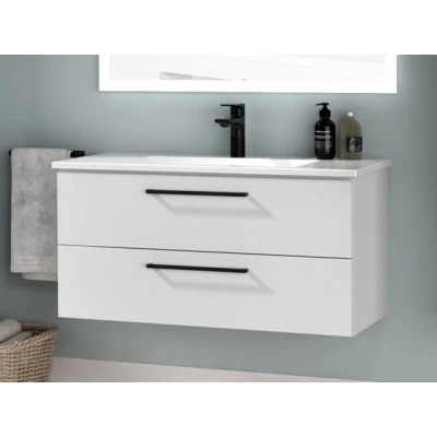 Abbildung von Aqua Bango Badezimmer Waschbecken Unterschrank, Badschrank Weiß Hochglanz, Waschtisch Keramik, Schwarz 100 cm