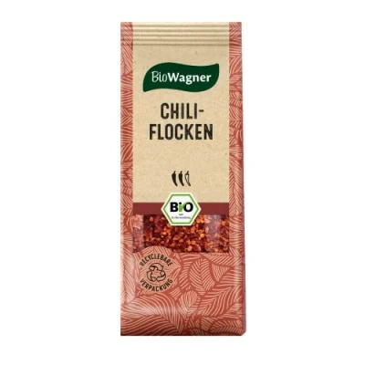 Abbildung von BioWagner Bio Chiliflocken ideal als scharfes Topping auf Pasta oder Desserts naturbelassene Zutaten recyclebare Verpackung 40 g