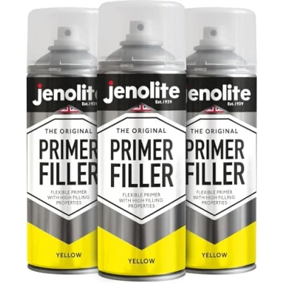 Abbildung von JENOLITE Grundfüller Aerosolfarbe GELB Flexible Grundierung mit hohen Fülleigenschaften Füllt kleine Dellen und Kratzer für ein glattes Finish 3 x 400 ml
