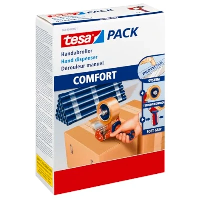 Abbildung von tesa Klebeband tesapack COMFORT Handabroller (Packung, 1 St) Packbandabroller für leichtes &amp; sicheres Verpacken blau / rot