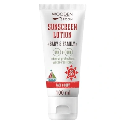 Abbildung von Wooden Spoon organische zertifizierte Sonnenschutzlotion &quot;Baby &amp; Familie&quot; SPF50 100% Mineralfilter, 100ml