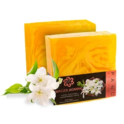 Abbildung von Panu Seifen Wasser Jasmin Vegane Duschseife für alle Hauttypen Naturseife als festes Duschgel und Shampoo Premium Soap Bar Natürlicher Duschbrocken