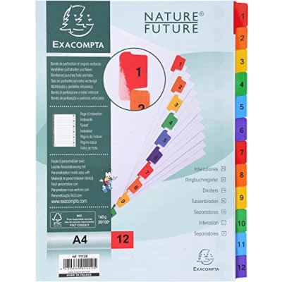 Abbildung von Exacompta 1112E Karton Register 1 12 für DIN A4 aus teilig volle Höhe 21 x 29,7 cm weiß, bunte verstärkte Taben mit Indexseite Trennblätter Trennstreifen Ordner