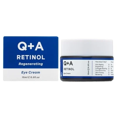 Abbildung von Q+A Retinol Augencreme stärkt Kollagen, strafft und beleuchtet unter den Augen mit grünem Seetang Lakritz Entpufft, Anti Aging, vegan, tierversuchsfrei, hergestellt in Großbritannien,
