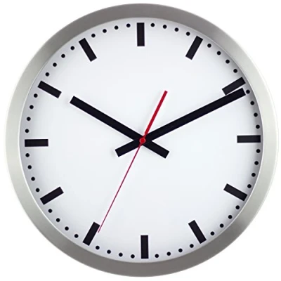 Abbildung von Eurotime Funkwanduhr 35 cm Aluminiumgehäuse Echtglas Bahnhofs Design klares Zifferblatt Wanduhr für Wohnbereich oder Büro rote Sekunde wandanliegend 57835 07