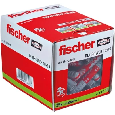 Abbildung von fischer DuoPower 10 x 80, Universaldübel, leistungsstarker 2 Komponenten Dübel, Kunststoffdübel zur Befestigung in Beton, Ziegeln, Stein, Gipsbauplatten uvm., ohne Schrauben, 25 Stück