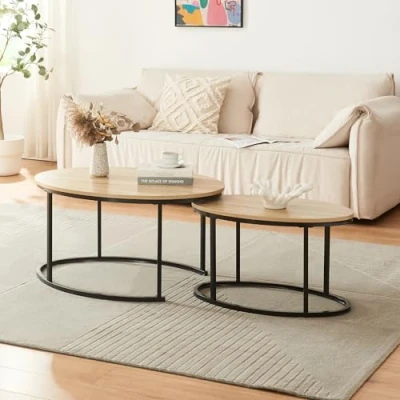Abbildung von [en.casa] Satztisch Niederlande 2er Set Sofatisch Beistelltisch 2 Größen stapelbar Couchtisch Oval Wohnzimmertisch Teetisch mit Metallgestell Kaffetisch Schwarz/Eiche