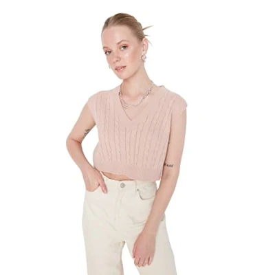 Abbildung von TRENDYOL Damen V neck Plain Regular Vest Sweater, Puder, S EU