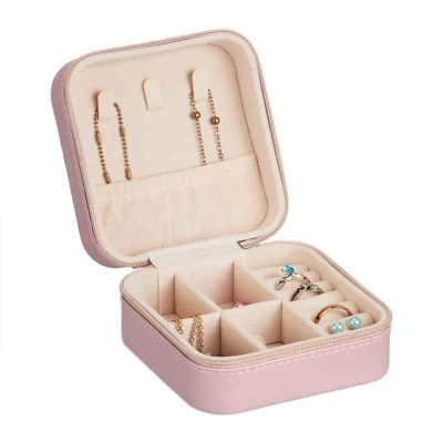 Abbildung von Relaxdays Schmuckkästchen, kleine Schmuckaufbewahrung, Ringe &amp; Ketten, Reise Schmucketui, HxBxT: 5 x 10 cm, rosa