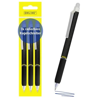 Abbildung von Online magiXX, 3x Radierstift I Gelschreiber blau radierbar mit 0,7mm Strichstärke Tintenroller zum Schreibenlernen, Büro Erasable Pen Set Radierbarer Kugelschreiber Schüler