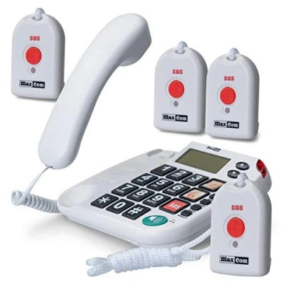 Abbildung von Maxcom KXT481SOS: Seniorentelefon mit Funk Notruf Sender und großen Tasten extra laut; schnurgebundenes Festnetztelefon 4X Notrufknopf Hausnotruf für Senioren