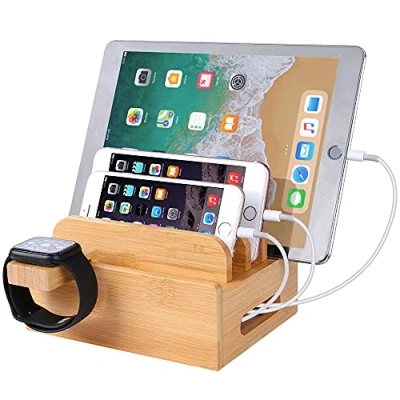 Abbildung von Bambus Holz Multi Gerät Desktop Ladestation Ladegerät Halter Wiege Ständer compatible with iPhone 12 11 Pro Max XS XR X 8 7 Plus iPad Mini Air Apple Watch iWatch 2 3 4 Samsung Smartphones Tablets