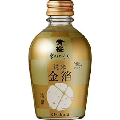 Abbildung von Kizakura Sake Gold mit Goldflocken 180ml Kyo no Tokuri Junmai 14% vol. traditionell gebraut