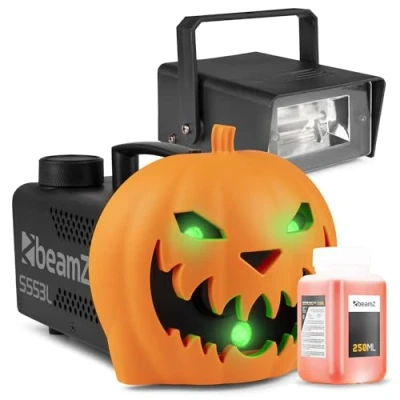 Abbildung von BeamZ S553L Nebelmaschine Halloween Deko mit LED Kürbis Kopf, 550 Watt Rauchmaschine Stroboskop Blitzer, 2 in 1 Deko, 16 Farben Lichteffekt, Soundeffekt Mini