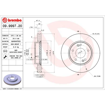 Abbildung von BREMBO 09.9997.20 Bremsscheibe 275 26 5 innenbelüftet mit Schrauben HYUNDAI: Elantra III Limousine, IV Limousine