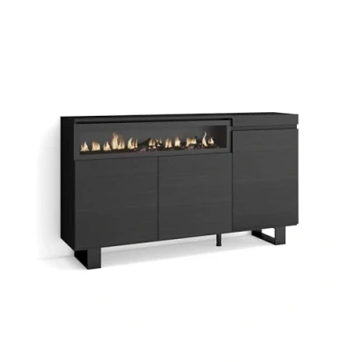 Abbildung von Skraut Home Sideboard, Highboard Kommode, Komodenschrank 150x87x35cm 3 Türen Elektrokamin. Maße Industriedesign Moderner Stil Schwarz