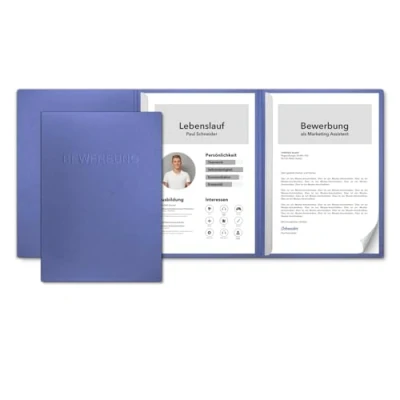 Abbildung von 5 Stück 3 teilige Bewerbungsmappen Blau Sea Blue favorit mit 2 Klemmschienen sehr stabiler 350 g/m² Naturkarton eindrucksvoller Relief Prägung BEWERBUNG direkt vom deutschen Hersteller STRATAG
