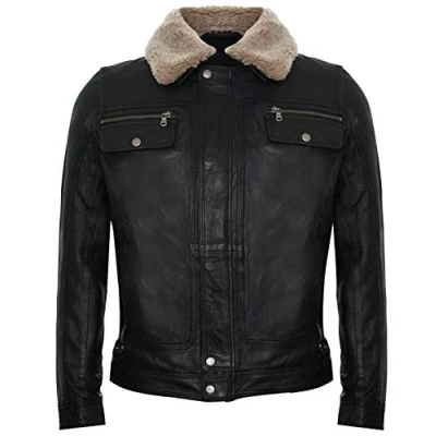 Abbildung von Infinity Leather Herren Lederjacke Schwarz Trucker Abnehmbarer Schaffell Sherpa Kragen Casual Jeans Mantel M