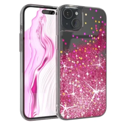 Abbildung von EAZY Case Glitzer Hülle kompatibel mit iPhone 15 Plus Handyhülle für Silikon leichtes Shiny Cover stoßfestes Phone als Fallschutz in Klar Transparent/Pink