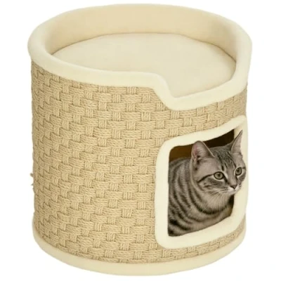 Abbildung von PawHut Kratzbaum 2 Ebene Kratztonne, 37 cm Hoch Katzentonne mit Tür, für Katze bis 5 kg, Khaki