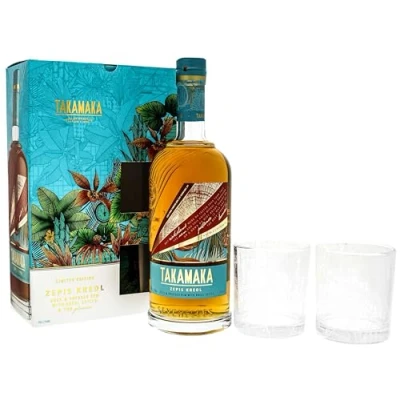 Abbildung von Takamaka I St Andre Zepis Kreol 700 ml 43% Volume Dark Spiced Rum mit 2 Gläser in einer Geschenkbox