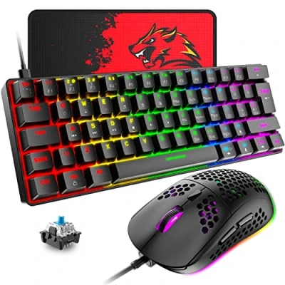 Abbildung von T60 Mini 60% Mechanische Tastatur Maus Sets, Kompakt 62 Tasten, Typ C Wired, 19 Hintergrundbeleuchtung Gaming + 6400 DPI RGB Mauspad, UK Layout für PC,Laptop Schwarz/Blau Schalter