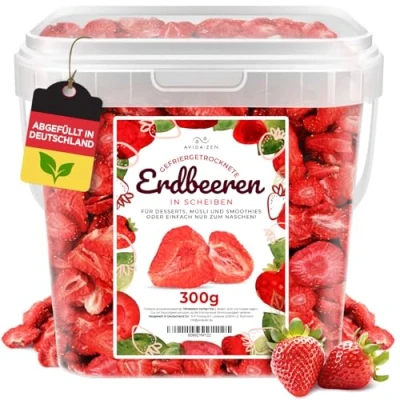 Abbildung von Erdbeeren gefriergetrocknet in Scheiben, 300g gefriergetrocknete Früchte, 100% natürliche, ungezuckerte fruchtige Erdbeerchips, getrocknete ohne Zusatzstoffe