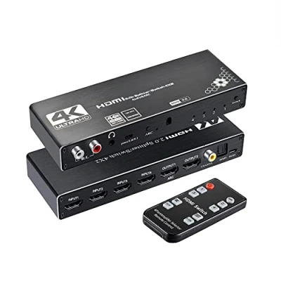 Abbildung von HDMI Switch 4x2 Splitter 4K@60Hz,HDMI 2.0 Schalter Remote 4 In 2 Out,HDMI Switcher Audio Extraktor Mit ARC &amp; IR Fernbedienung Für PS4 TV HDTV