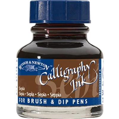 Abbildung von Winsor &amp; Newton 1111609 Kalligraphie Tuschen (für Füllfederhalter oder Schreibfedern, untereinander mischbar, lichtecht, beständige Farbe) 30 ml Flasche sepia