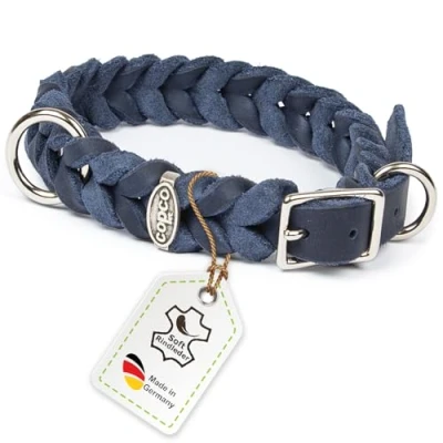 Abbildung von CopcoPet Fettleder Hundehalsband geflochten mit Dornschließe verchromt Handarbeit aus Deutschland Lederhalsband Marineblau 20 mm Breite 40 44 cm Halsumfang