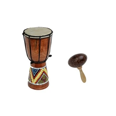 Abbildung von 60cm Anfänger Djembe Trommel Bongo Drum Holz Bunt Bemalt + Kokos Rassel Maraca R2