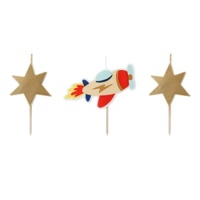 Abbildung von Geburtstagskerzen Flugzeug 4,5 5cm 3er Set Kuchenkerzen Tortendeko Kindergeburtstag Kerzenset in Blau Rot Gold