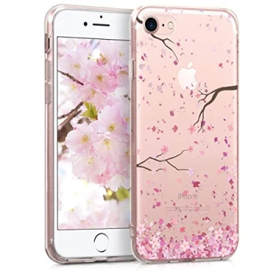 Abbildung von kwmobile Case kompatibel mit Apple iPhone SE (2022) / (2020) 8 7 Hülle Silikon Transparent Kirschblütenblätter Rosa Dunkelbraun