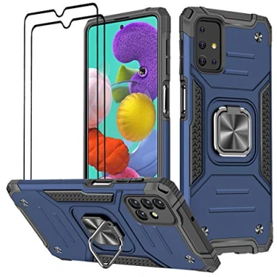 Abbildung von KANSi Hülle kompatibel für Samsung Galaxy A51, Schutzfolie [2 Stück] Silikon TPU Hart PC Handy Hüllen 360 Grad Drehbar Ringhalter Bumper Stoßdämpfung Schutzhülle A51 Blau