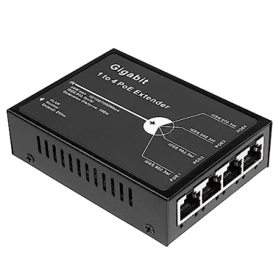 Abbildung von Revotech Gigabit 4 Anschluss 60W PoE Extender,1000Mbps 1 in Out PoE+ Repeater mit 3 Modi verfügbar, 802.3BT Eingang, 802.3at Ausgang 30W, 100m/250m Verlängerung für Geräte(POE5004G V2)
