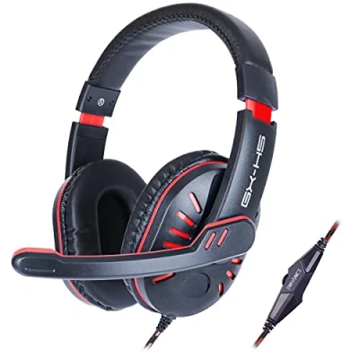 Abbildung von ENHANCE GX H5 Gaming Headset mit drehbarem Mikrofon für PC, PS4, PS5, Xbox, Switch Weich Einstellbarer Kopfbügel, Lautstärkeregler geflochtenem Kabel, mitgeliefertes Splitterkabel (Rot)