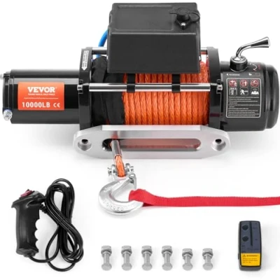Abbildung von VEVOR Elektrische Seilwinde, 4536kg, Motorwinde mit Φ0,9x1981,2cm Synthetikseil, Alu Seilführung, kabellose &amp; kabelgebundene Fernbedienung, IP55, zum Schleppen von Geländewagen, Anhängern Booten
