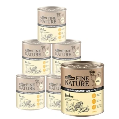 Abbildung von Dehner Fine Nature Hundefutter, Nassfutter in Lebensmittelqualität, für ausgewachsene Hunde, Huhn, 6 x 800 g Dose (4.8 kg)