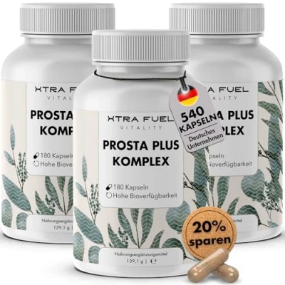 Abbildung von Prosta Plus Komplex 540 Prostata Kapseln einzigartige Formel aus Kürbiskern , Sägepalmen Brennselwurzelextrakt mit Zink, Vitamin E &amp; Selen vegane 3er Pack