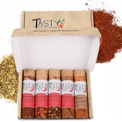 Abbildung von Tasty Pott Dank Box I Chili Gewürze Gewürz Set Geschenk Idee für Familie und Freunde Würzig Spices Gewürzmischungen im Glas (Hot Set, Vielen Dank!)
