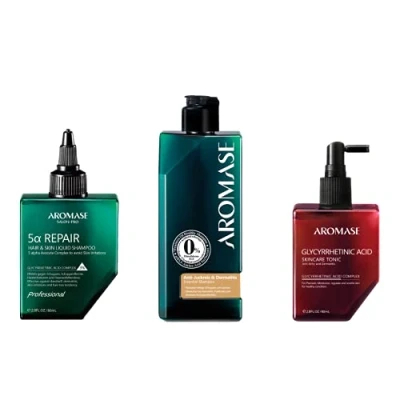 Abbildung von AROMASE Anti Schuppenflechte Set für die Behandlung von Psoriasis auf der Kopfhaut, abgestimmtes 3er inkl. Dandruff Essential Shampoo (Klein (80ml + 90ml 80ml))