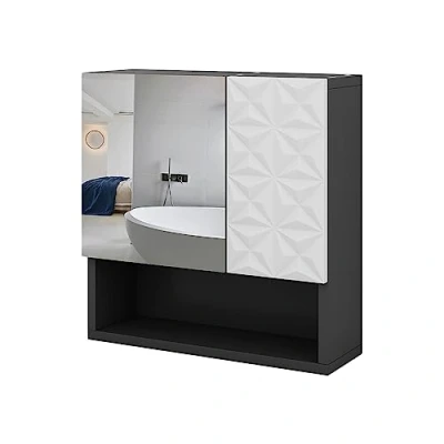 Abbildung von Vicco Badezimmerspiegelschrank Edge, Schwarz/Weiß, 54 x 55 cm mit Tür und offenen Fächern