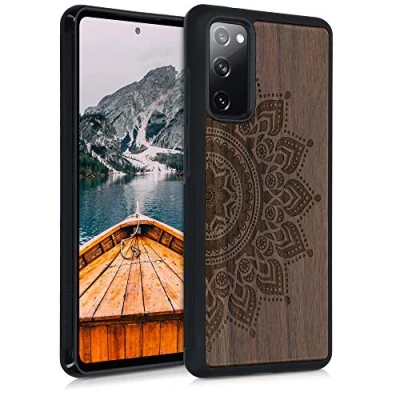 Abbildung von kwmobile Hülle kompatibel mit Samsung Galaxy S20 FE Holz Case Handy Cover TPU Handyhülle in Dunkelbraun Aufgehende Sonne