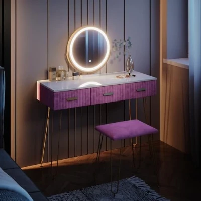 Abbildung von Vicco Schminktisch Layla, Weiß/Rosa, 100 cm mit LED Beleuchtung und Hocker