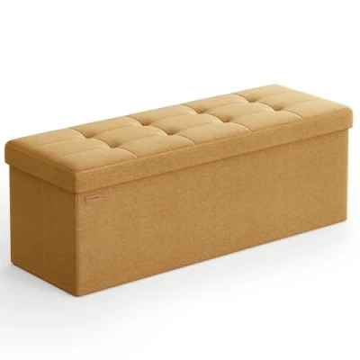 Abbildung von SONGMICS Sitzhocker mit Stauraum, klappbare Sitzbank, 38 x 110 cm Fußbank, Aufbewahrungsbox, bis 300 kg belastbar, für Wohnzimmer Schlafzimmer Flur, ingwergelb LSF077K04