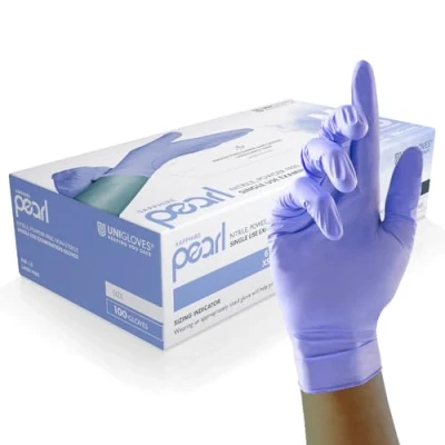 Abbildung von UNIGLOVES Sapphire Pearl Nitril Untersuchungshandschuhe vielseitig einsetzbar, puderfreie und latexfreie Einweghandschuhe Box mit 100 Handschuhen, Saphir, Klein (GP0082)
